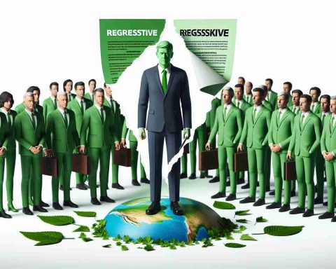 An illustration representing a controversial politician's decisions that are viewed as constraints on environmental conservation. The image should be high-definition and realistic, representing regressive changes to green policies. The politician could be standing next to a green policy paper torn in half, symbolizing the revoking of these policies. All people in the image should not resemble specific real individuals.