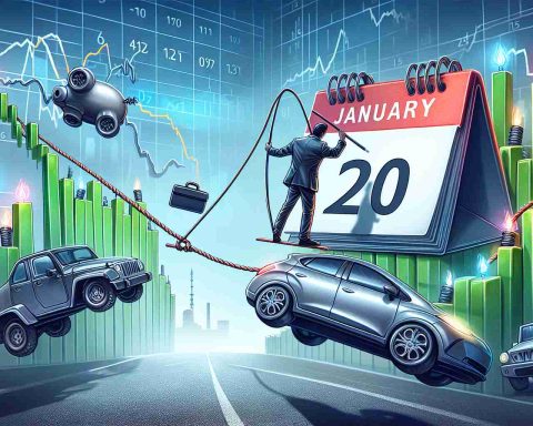 An HD illustration representing the pivotal date of January 20 in the context of electric vehicle market volatility. The scene could include visual metaphors such as a tightrope walker symbolizing a trader, electric car stocks represented as a rollercoaster, and the calendar marked with January 20. Please do not include logos or brand names of specific companies.