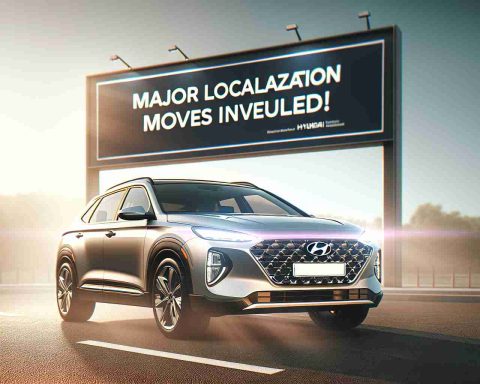 A high-definition, realistic image showcasing a modern Hyundai vehicle, perfectly parked under the radiant sun. The sleek car design sets a new standard in the industry. On a banner in the backdrop, text announces 'Major Localisation Moves Unveiled!', conveying an atmosphere of innovation and progress.