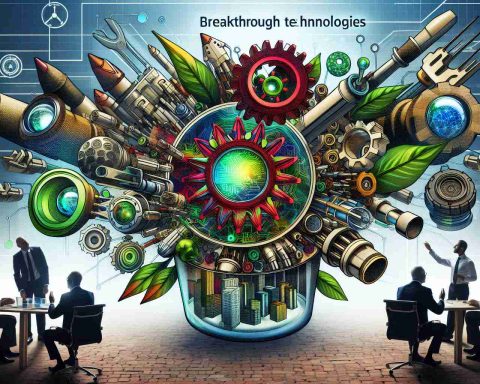 A detailed and high-definition photo showing a conceptual representation of investors' optimism for breakthrough technologies from a no-name green technology company. The image features an array of innovative technological gadgets and machinery presented in a vibrant and hopeful manner.