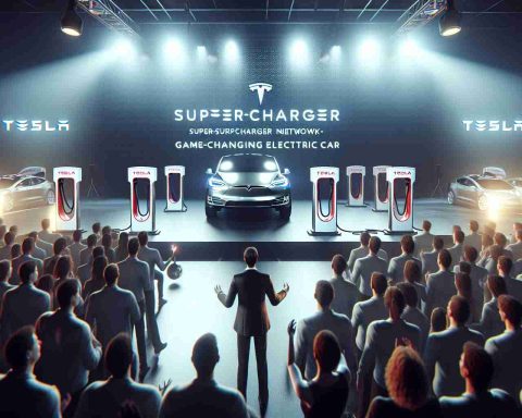 Realistic high-definition image featuring the unveiling event of Tesla's Supercharger Network, showcasing state-of-the-art, Game-Changing electric car charging stations. The atmosphere is full of anticipation, as it's rumored that a surprise guest, not identifiable but represented just as an excited figure, is about to be introduced. The scene is buzzing with energy, and you can almost feel the electric fervor in the air.