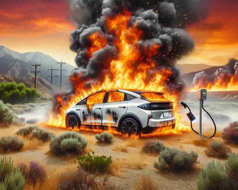 A highly detailed and realistic image representing the increasing concern over explosive fire risks from electric vehicles (EVs) in the context of California. Picture a landscape setting with typical California vegetation in the foreground and an electric vehicle depicted in flames. Remember to illustrate the intensity of the fire and the risk it poses to the environment. Clearly show the EV's charge port to acknowledge its identity. Prominently incorporate elements such as smoke and sparks to demonstrate the explosive nature of the situation.