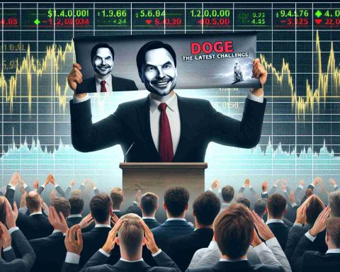 A realistic high definition image showing a generic business magnate, with a resemblance to a prominent tech innovator, holding up a banner with 'DOGE, the latest challenge'. The backdrop comprises a fluctuating stock market chart representing Tesla investor reaction, with mixed emotions of fear and enthusiasm among abstractly represented investors. The scene should depict a charged atmosphere like an announcement or press conference.