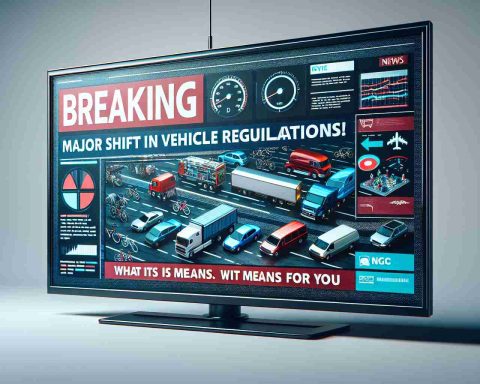 A high-definition, realistic image displaying a news bulletin on a TV screen. The headline reads: 'Breaking News: Major Shift in Vehicle Regulations! What It Means for You'. The background features assorted images of various types of vehicles such as cars, trucks, bicycles to represent the impact of the news. The screen also shows some brief texts giving an overview of the changes in regulations.