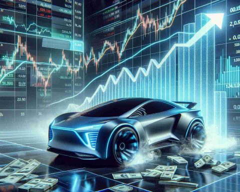 Realistically rendered, high-definition image of the stock of an anonymous futuristic electric car company surging upwards on a stock market graph. The scene should encapsulate the idea of a booming electric vehicle industry with potential to rival established companies. Please include depictions of stock charts with rising graphs to symbolize growth and success.