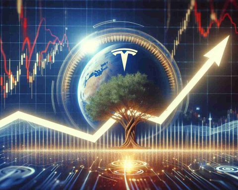 An ultra-high definition image showing a metaphorical representation of the surge in Tesla's stock value. Include visual elements symbolising sustainability supported by a backdrop of the year 2024. Perhaps the soaring line of a graph on a futuristic interface or digitally rendered growth rings on a tree, a common symbol of sustainability.