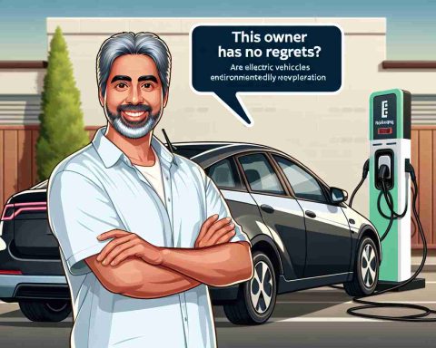 A realistic high definition image that visually represents the concept 'Are Electric Vehicles Worth It?' displaying a satisfied owner next to their sleek electric car, with a backdrop of recharging station. The owner could be a middle-aged South Asian male, wearing casual attire. There's a bright smile on his face reflecting his contentment with the environmentally friendly vehicle. Optional: A text overlay is present saying 'This Owner Has No Regrets'.