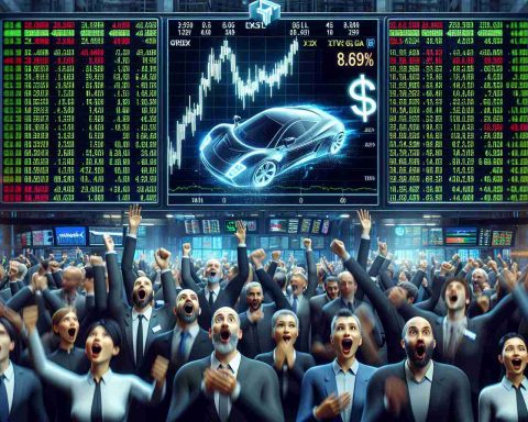 A high-definition, realistic image showcasing a bustling stock market scene in response to unexpected news. Electronic boards are illuminating with a sharp increase in numbers, with stocks for two prominent tech companies, represented by symbols of a stylized electric car and a graphic card respectively, shining brightly amidst the sea of numbers. Traders of diverse races and genders expressing excitement, surprise, and jubilation on the trading floor.