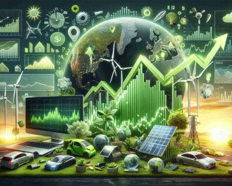 Realistic HD image of a representation of a stock surge symbolizing a green revolution on the horizon. Depict a lively stock market scene with charts, graphs, and arrows showing an uptrend. Incorporate symbols of green energy such as wind turbines, solar panels, and electric cars. In the background, show a sunrise, symbolizing the 'horizon' and the start of something new - the green revolution.