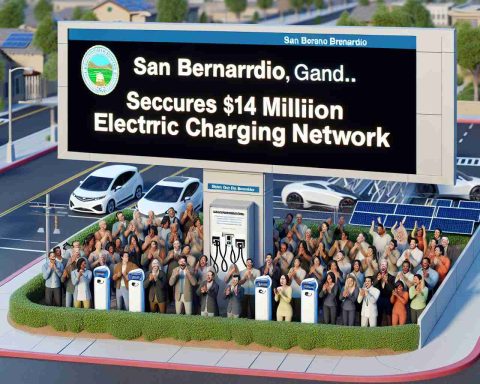 A realistic, high-definition image displaying an announcement board in San Bernardino stating 'Secures $14 million Grant for Electric Vehicle Charging Network'. You can see excited residents of varying descents and genders looking at the announcement. Also, symbolize the progress by showing electric vehicles charging at newly-installed stations, along with some solar panels and wind turbines in the surrounding areas indicating the use of green energy.