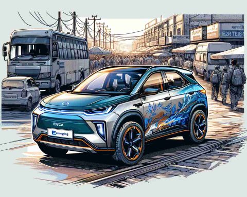 Detailed high-definition illustration of an unnamed electric SUV from an emerging automobile manufacturer, located in a busy Indian market setting. The vehicle flaunts a bold design, setting a courageous trend in the booming market of electric cars in India.