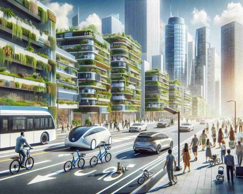 Create a high-definition, realistic image representing the eco-conscious commuter's dream: a scenario showcasing the future of urban travel. The composition should highlight sustainable, eco-friendly modes of transportation such as electric bikes, solar-powered buses, or self-driving electric cars navigating along clean, green city streets. Include elements like vertical gardens on building facades, pedestrian-friendly walkways, and ample bicycle lanes. Show people of diverse ethnicities such as Caucasian, Black, Hispanic, South Asian, and Middle-Eastern genders. Illustrate a sunny day, portraying the city as a harmonious blend of technology and environment.