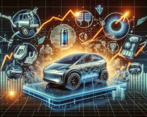 An illustrative High-definition image showing recent technological triumphs of a renowned electric car company. The image features cutting-edge innovations such as autonomous driving software, high range electric batteries and modern charging solutions. The backdrop contains metaphorical representations of positive future stock trends influenced by these inventive breakthroughs.