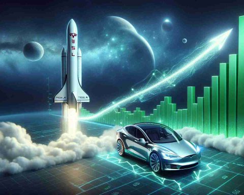 A high-definition, realistic image showing an illustrated concept of the surge in Tesla's stock value. This could be represented by a rising graph with green bars, rocket flying into space symbolizing growth, and the company logo subtly incorporated. Please, do not show any real people, just use symbolic elements to portray the rise.