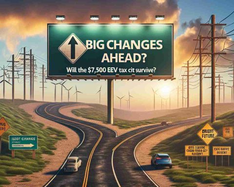 Generate a high definition, realistic image concept depicting the idea of 'Big Changes Ahead!'. Visualize a road sign symbolizing changes, with a road winding towards a bright future. In the scene include a billboard referring to the phrase 'Will the $7,500 EV Tax Credit Survive?'