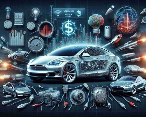 Realistic high-definition digital representation of the concept: 'Tesla Stock: The Future Unplugged. Is AI the Next Big Catalyst?' This artwork should include elements denoting financial investment, automobiles, innovative technology, and Artificial Intelligence. Key components might include a symbolic representation of Tesla, the concept of having no cords or being 'unplugged', hints to the financial market and stock trading, and AI being a catalyst for growth. Visualize each component distinctly yet contributing to an overall connected theme.