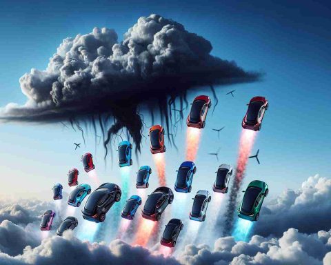 A high resolution, realistic image showing a vivid summary of the phrase 'Electric Vehicle Sales Skyrocket! But a Dark Cloud Looms Ahead'. A display of soaring electric cars symbolizing booming sales, ascending towards a clear blue sky. The cars could be represented in different colors and sizes, to indicate variety and growth. However, a foreboding dark cloud hovers in the distance, casting an ominous shadow to suggest an impending challenge or difficulty that lies ahead.