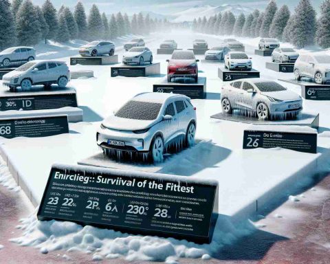 A high-definition, realistic image of a winter scene showcasing various electric cars on a snowy road, demonstrating their durability and efficient performance in extreme cold conditions. Plaques of varying sizes are embedded in the snow in front of the cars, stating information about their endurance and survival rates in cold weather, creating a sort of outdoor exhibition or performance. The snow-covered background and cars reflect the freezing temperatures, highlighting the concept of 'Survival of the Fittest' among electric cars in a shocking winter.