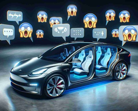 A high-definition, realistically rendered image of the new Tesla Model Y, showcasing its sleek design, futuristic interior, and high-end technological features. Include elements that indicate public opinion - for instance, speech bubbles emerging from invisible observers, expressing surprise at the car's worthwhileness. Emphasize the element of surprise in the scene, perhaps through shocked facial emojis or surprising features of the car itself.