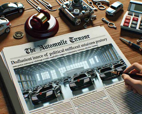 A realistic HD photo of a newspaper headline concerning the influence of political orders on a major automobile company's electric vehicle factory.