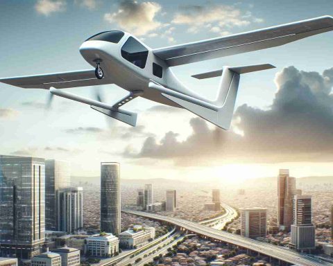 A realistic, high-definition rendering of an innovative concept in urban air mobility. A generic electric vertical takeoff and landing (eVTOL) aircraft, similar in function and design to those produced by contemporary air mobility companies, is seen in flight. The aircraft glides above a modern cityscape, exhibiting how such technology could dramatically reshape urban transportation.