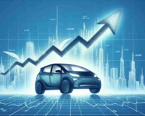 An illustration depicting the symbolic representation of a revolutionary leap in the financial field, specifically related to electric vehicle companies. The image should illustrate stock market dynamics being redefined, possibly through a graphical representation of stock marks taking an upward leap. The concept is to highlight the change brought about by green, sustainable electric car technology in the financial market.