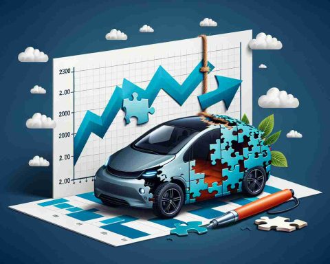 Create a high-definition, realistic representation of a prominent electric car company's brand facing challenges. This should depict the unfolding trend of difficulties in a metaphorical way, perhaps through a graph showing sales declining, a puzzle piece missing from a logo, or a car model with signs of wear and tear. Please do not include real brand logos or names to respect their copyrights.