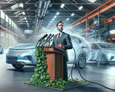 A realistic HD photo of a prominent political figure taking a stand against electric vehicles. The decision has caused a stir in the auto industry. The image shows the politician announcing his stance with determination, and the repercussions of his decision causing ripples throughout the scene. The backdrop is industrial, with hints of both traditional automotive production and progressive electric vehicle advancements. Foliage is added for contrast, indicative of the environmental conversation surrounding the issue.