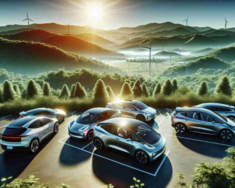 High-definition realistic image of electric vehicles awaiting exciting transformations within the Cherokee Nation. Capture a variety of models parked under the bright sun. One could almost hear the silent hum of their engines and glimpse the futuristic digital control panels through their clear windows. The backdrop should encompass a breathtaking environment of the Cherokee Nation, showcasing it’s vibrant lush green nature, rolling hills, and clear skies, thereby creating an impeccable harmony between nature and technology.