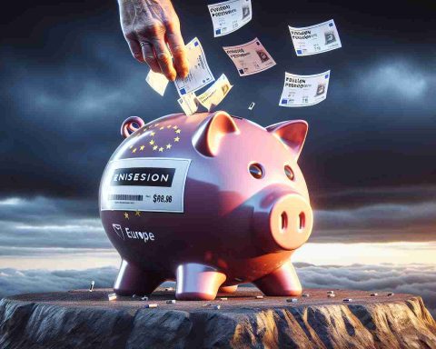 A realistic high-definition representation of a giant pension piggy bank symbolic of Europe, dropping shares represented by paper slips with the Tesla logo on them. The piggy bank is placed on a plateau, with the backdrop of a dramatic sky, underlining the shocking decision of a $586 Million Investment divestment.