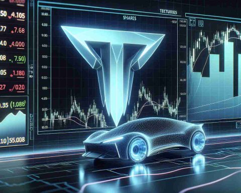 A highly detailed and realistic image of a modern digital stock trading screen. On the display, there are real-time share prices, with a significant focus on the shares of a futuristic electric car company. The company symbol is an abstract, sleek T. Enhancements such as augmented reality graphs, advanced metrics, and high-speed data analysis algorithms revolutionize the screen, signifying the future of stock trading.