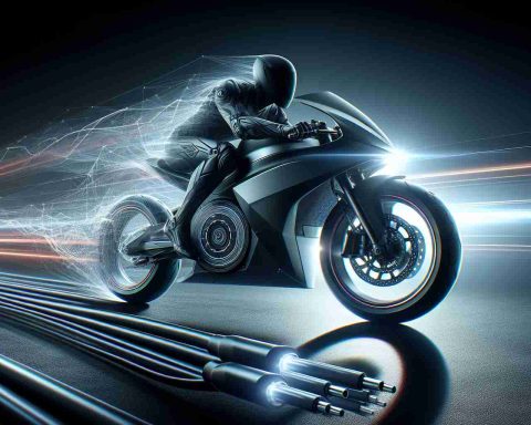 Generate a high-definition, realistic image capturing the essence of a revolution in two-wheel transport. This showcases the innovative and unexpected benefits of a brand new electric vehicle motorcycle, highlighting its sleek design, innovative technology and environmental-friendliness.