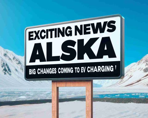 Generate a realistic HD image signboard in a snowy Alaskan landscape with bold, clear letters stating 'Exciting News for Alaska! Big Changes Coming to EV Charging'. There should be beautiful white mountains in the background under a clear blue sky.