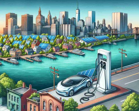 Create a realistic high definition image that represents the concept of promoting the electric future with new funding in Newark. The picture could include illustrative hallmarks of Newark like brick city buildings, the Passaic River or the Newark skyline. In addition, incorporate elements that symbolize electrification and financial growth - perhaps an electric car charging at a newly funded charging station, or a cityscape with solar panels on rooftops signifying green energy investment.