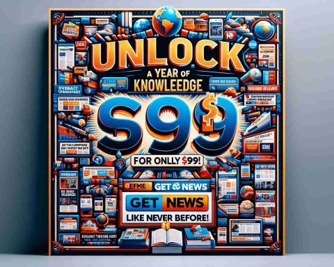 High definition realistic image of an advertisement banner promoting 'Unlock a Year of Knowledge for Only $99! Get News Like Never Before'. The banner has an impressive design to catch the eye of viewers. It includes bold and vibrant text with the phrase 'Unlock a Year of Knowledge for Only $99!' at the center, surrounded by images symbolizing various types of knowledge such as books, globe, and newspaper. Below that, in smaller but still visibly clear text, is the call-to-action statement, 'Get News Like Never Before'.