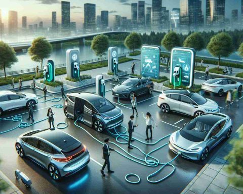 A realistic HD image showcasing the concept of electric car sharing as the future of sustainable mobility. The image should include an array of modern electric vehicles, possibly with visible plug-in charging stations, situated in urban surroundings that exemplify green living. The scenery illustrates the rise of eco-conscious alternatives in a world increasingly advocating for environmentally-friendly methods of transport. Also, incorporate elements that highlight car sharing, such as a variety of individuals, from different descents and genders, taking turns using the same vehicle, or a digital app interface demonstrating a car sharing system.