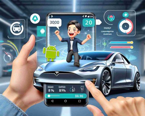 An HD image showcasing an Android user excitedly checking out the exciting new features of a Tesla car. The scene displays the user interacting with Tesla's advanced user interface on their Android device, demonstrating new features like energy consumption monitoring and detailed GPS navigation. The Tesla car is parked in the background, with a sleek silver body and aerodynamic design.