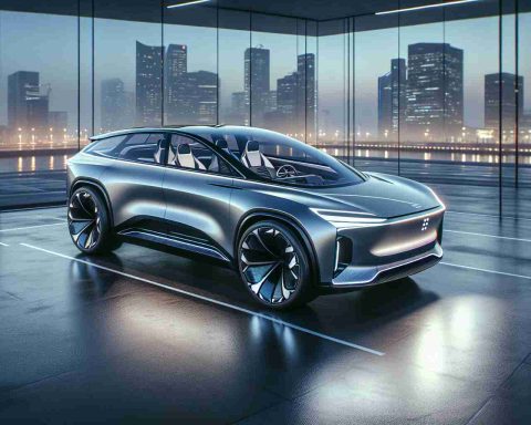 A highly detailed, realistic image of a cutting-edge, futuristic electric SUV showcasing advanced design features. The vehicle possesses a sleek silhouette, aerodynamic lines, a panoramic sunroof, luxurious interior, high-tech dashboard, and unique wheel design. The setting is modern and urban, reflecting the car's innovation and forward-thinking aesthetics. The ambient lighting is a mix of soft evening glow and city lights, instilling a sense of anticipation, as though showcasing a major leap in automobile technology.