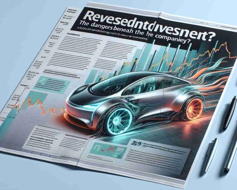 High-definition, realistic image featuring a headline and sub-headline on a light background. The headline reads 'Reconsidering your Investment?' and the sub-headline beneath it states, 'The Dangers Beneath the Hype of Electric Car Companies'. In the image, there's also an abstract illustration of a stylized, futuristic electric car and a graph showing fluctuating stock prices.