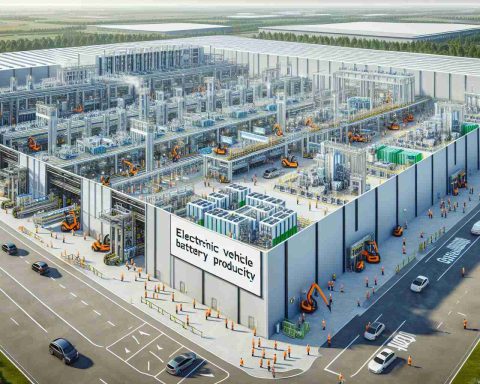 An HD realistic image of a huge, newly constructed electric vehicle battery production facility situated in a location that resembles Windsor. The imposing structure features modern architecture and is filled with state-of-the-art technology, including rows of advanced machinery, large conveyor belts, and cutting-edge robotics. Workers of various descents and genders are diligently fulfilling their roles, demonstrating productivity and innovation. Signs placed strategically across the facility highlight the creation of new jobs and boast of the innovative spirit of the industry.