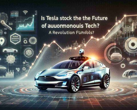 Realistic HD image representing the concept of Tesla stock being the potential future of autonomous technology, suggesting an unfolding revolution. The image can include symbols of autonomous technology such as self-driving cars, AI components, and a graph depicting the stock market's rise, all intertwined to symbolize the future projection of Tesla in this field. The title 'Is Tesla Stock the Future of Autonomous Tech? A Revolution Unfolds' appears prominently in the image.