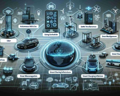 Generate an HD image showcasing various innovative safety technology in e-mobility. Visualize concepts such as autonomous vehicles using lidar or radar for sensing, traffic management using artificial intelligence, and smart charging infrastructure for electric vehicles. Highlight these as potential transformation tools for urban transportation systems.