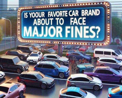 A realistic HD photo of a text headline reading 'Is Your Favorite Car Brand About to Face Major Fines?' with a background of various automobiles from different manufacturers indicating a scenario of potential financial penalties in the automobile industry.