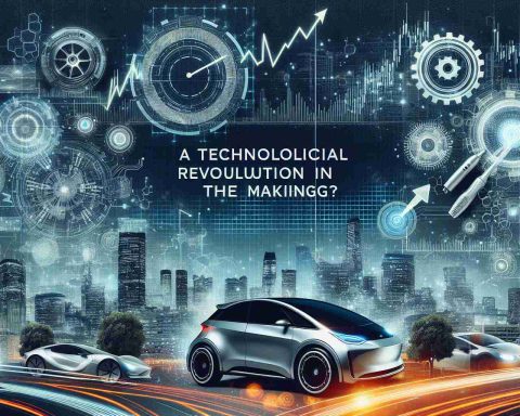 Visual representation of the future valuation of an unnamed electric car manufacturer, depicted as a technological revolution in the making. The image should be composed of various technological elements, stock market charts, and futuristic cityscapes. The image should also contain the phrase 'A Technological Revolution in the Making?' in sleek, modern text.