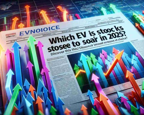 A realistic, HD image of a financial news article titled 'Which EV Stock is Poised to Soar in 2025?' The accompanying image is filled with upward pointing arrows in various vibrant colors to signify growth. Additional text says, 'Don't Miss This! Discover the Best Choice', signalling an exciting investment opportunity. Ensure that there's a sense of exhilaration and anticipation in the image.