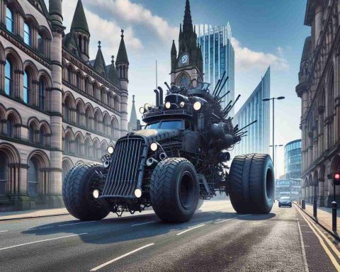 A high-definition, realistic image depicting a remarkable and startling sight on the roads of Manchester. Capture a non-conventional, seemingly law-bending vehicle that leaves viewers puzzled about its legality. Show the vehicle's large stature, highly unconventional design and extreme features that raises questions about its suitability for public roads. The scene should be set in daytime with the surrounding architecture of Manchester subtly in the background, adding to the uniqueness of the scene.