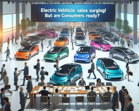 Generate a high-definition realistic image representing the boom in electric vehicle sales. The scene should depict a variety of electric cars in vivid colors displayed in a large showroom. There should be many signed sales contracts spread over the table in the foreground with a large hanging board in the background saying 'Electric Vehicle Sales Surging! But Are Consumers Ready?'. There should be a diverse group of customers walking around, with a mixed expression of curiosity, excitement, and skepticism on their faces, suggesting their readiness or lack thereof to adapt to these new technologies.