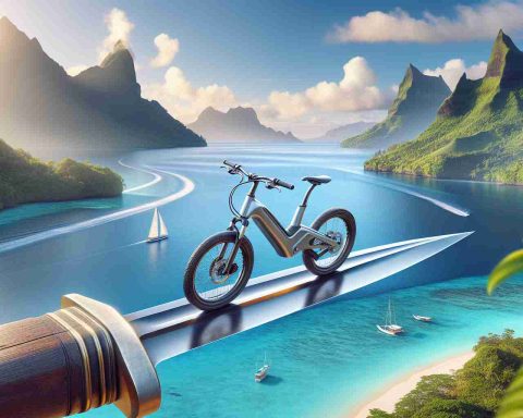 High definition image illustrating the concept of high-speed e-bikes as a double-edged sword. An e-bike, crafted in detailed realism, balanced precariously on the fine edge of a sword, symbolizing the benefits and risks associated with its speed. Set in a stunning backdrop of French Polynesia, suggesting an inquiry into what the future holds for this idyllic place with the rising trend of e-bikes. Rendered in a blend of technology and nature, this image subtly asks the question - what's next?