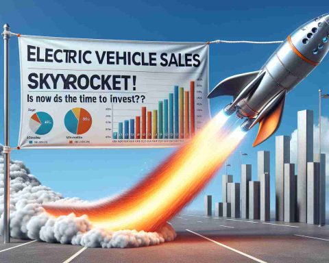 Realistic high-definition image of a surge in electric vehicle sales, represented by a large skyrocket launching into the blue sky, with the text 'Electric Vehicle Sales Skyrocket! Is Now the Time to Invest?' on a banner beneath it. The banner is appearing to wave in a breeze. The skyrocket is intricately detailed, with visible exhaust fumes and a vivid, bright tail that trails off into the sky. There are bar graphs and pie charts in the background progressively showing the increase in sales of electric vehicles.