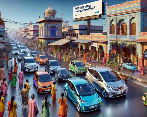 A high-definition, realistic image showing the growth of electric car usage in India. Depict a bustling Indian street with traditional colorful architecture and various electric cars of different models and colors. Include people of different genders and descents, some are looking in awe at the vehicles. Also, display an electrifying billboard in the background, emblazoned with the question: 'Will They Reach Your Doorstep?'